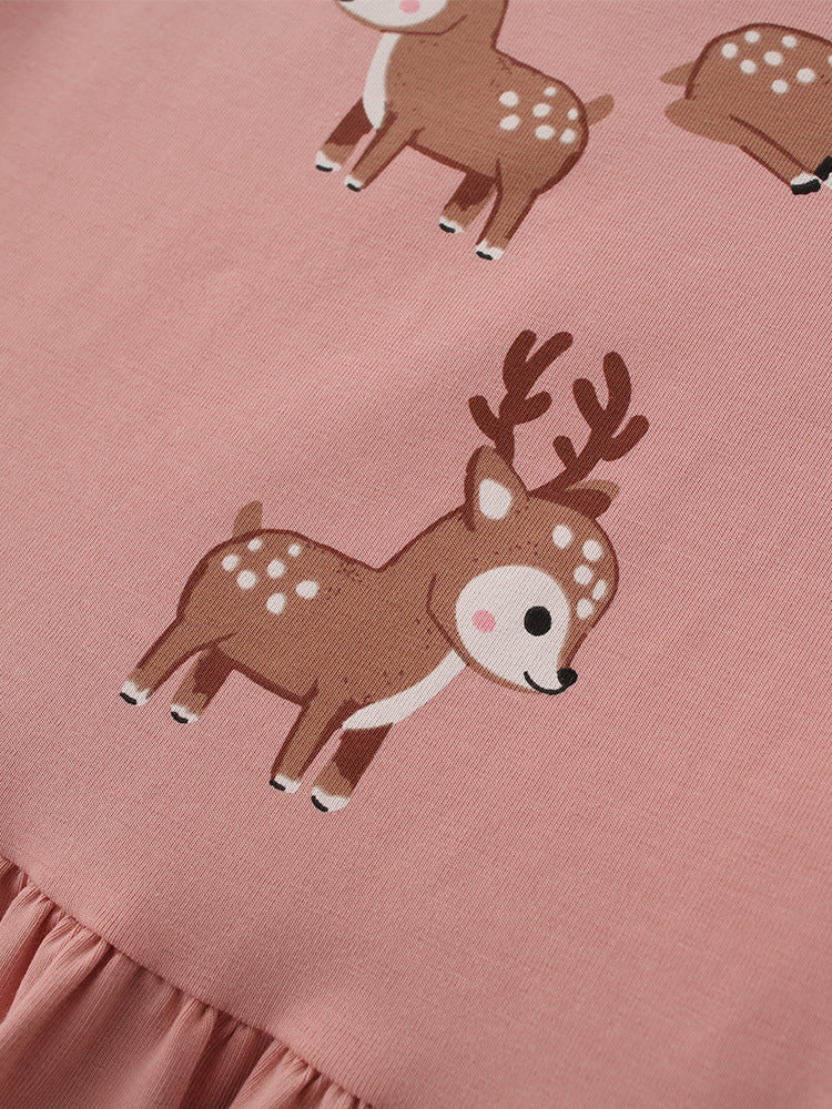 Sweet Deer Dusty Rose Reindeer Print Dress for Girls 2-9 Years