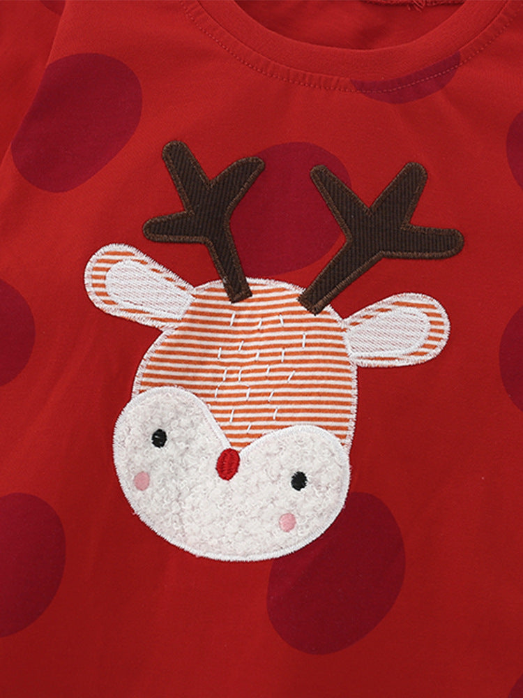 Festive Reindeer Red Polka Dot Appliqué Tee for Girls & Boys 2-9 Years