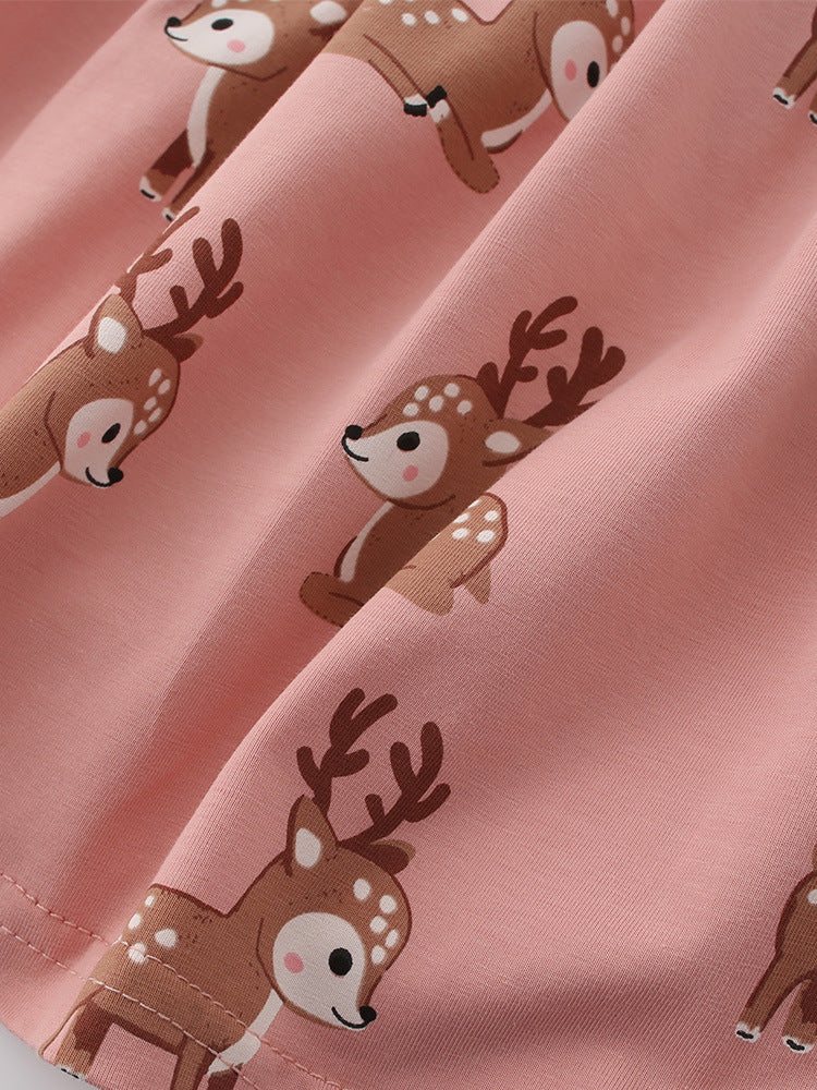 Sweet Deer Dusty Rose Reindeer Print Dress for Girls 2-9 Years