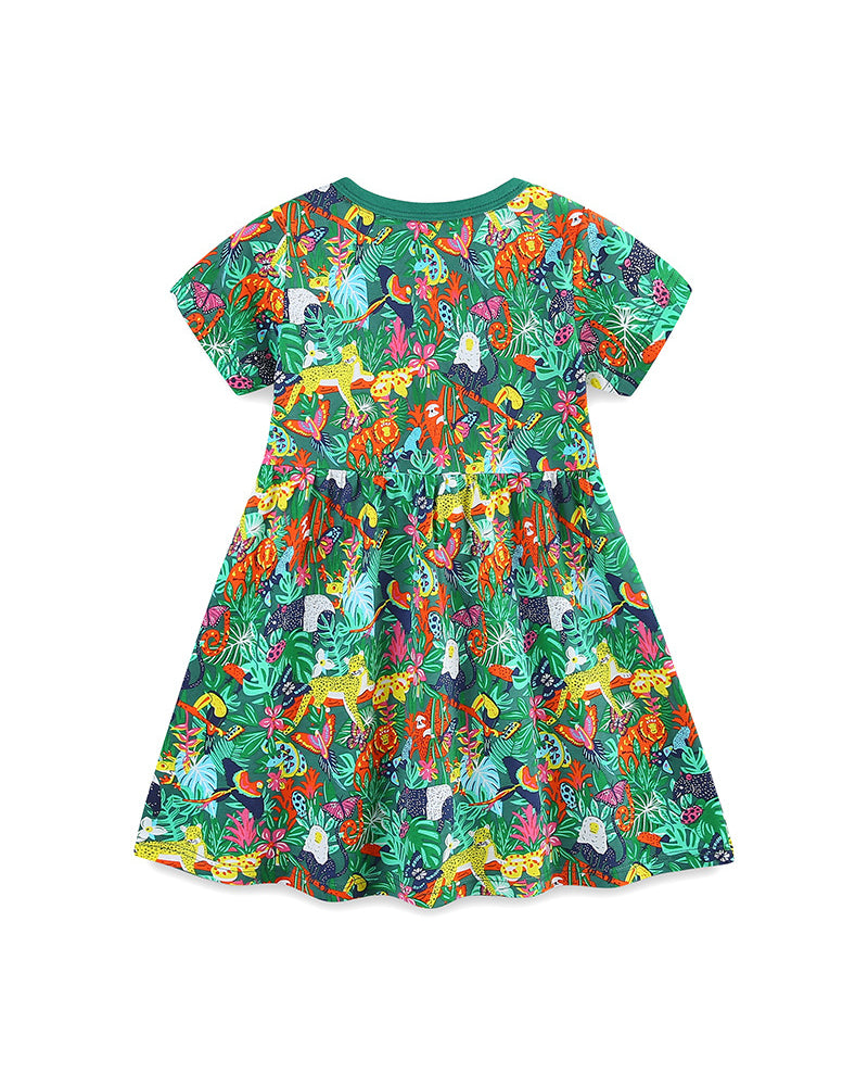 Jungle Jubilee Green Animal Print Dress for Girls 2-9 Years