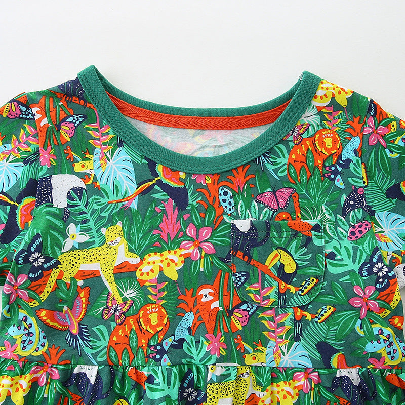 Jungle Jubilee Green Animal Print Dress for Girls 2-9 Years
