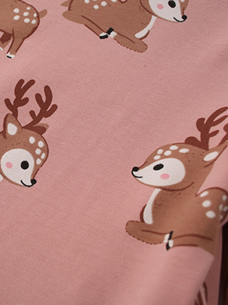 Sweet Deer Dusty Rose Reindeer Print Dress for Girls 2-9 Years