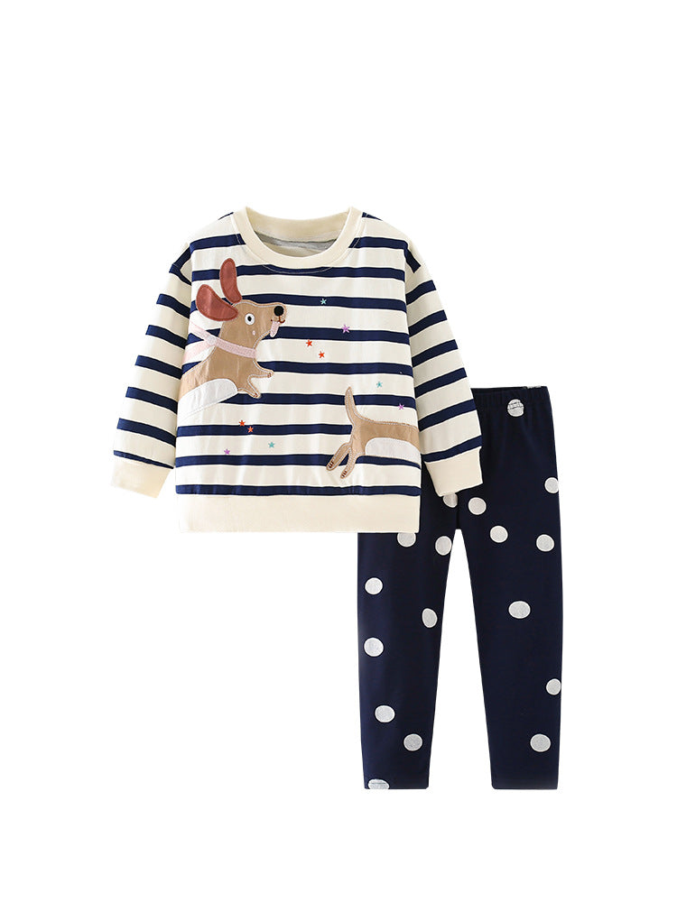 Puppy Playtime Navy Stripe & Polka Dot Pajama Set for Girls & Boys 2-9 Years