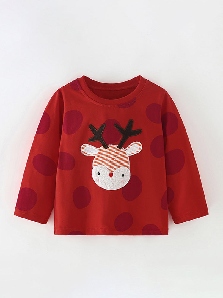 Festive Reindeer Red Polka Dot Appliqué Tee for Girls & Boys 2-9 Years