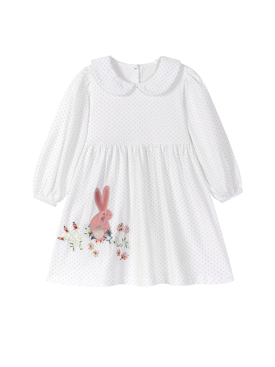 Meadow Bunny White Embroidered Dot Dress for Girls 2-9 Years