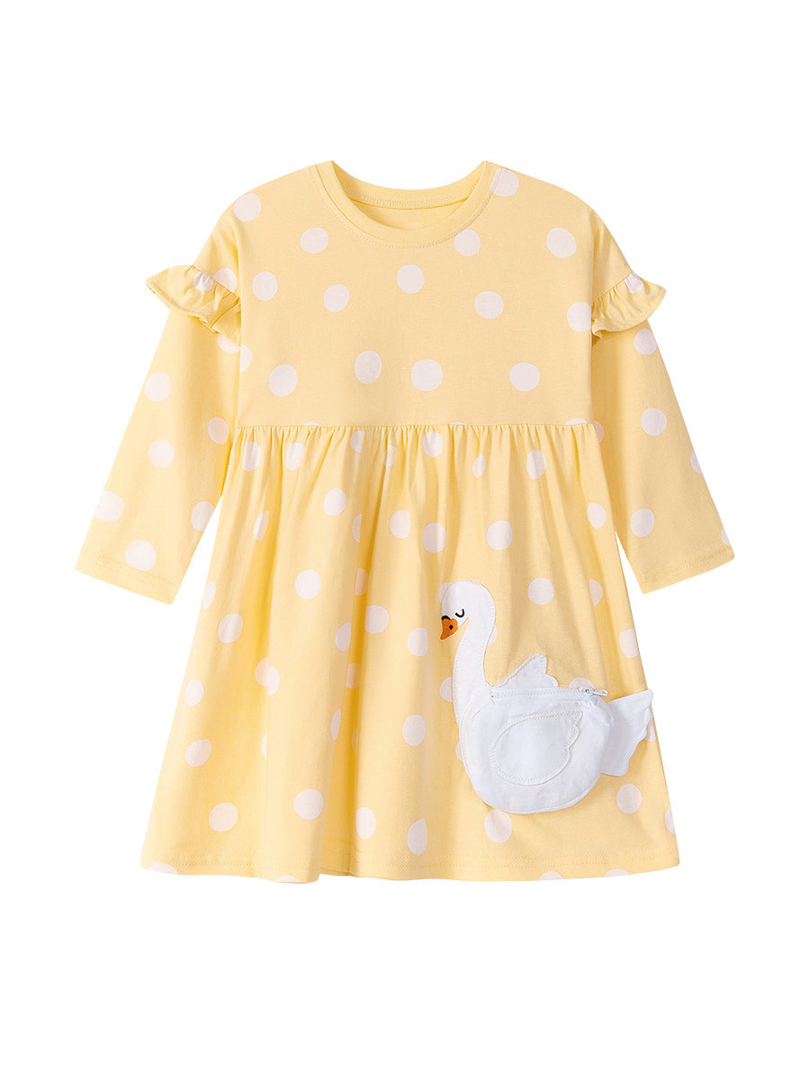 Sunny Swan Yellow Polka Dot Pocket Dress for Girls 2-9 Years