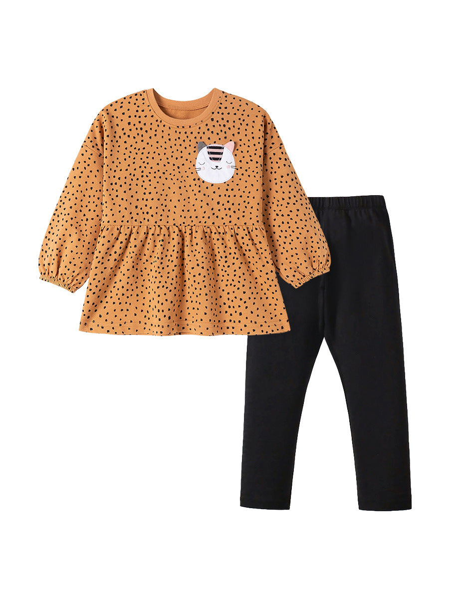 Feline Fun Mustard Dot Tunic & Legging Set for Girls 2-9 Years