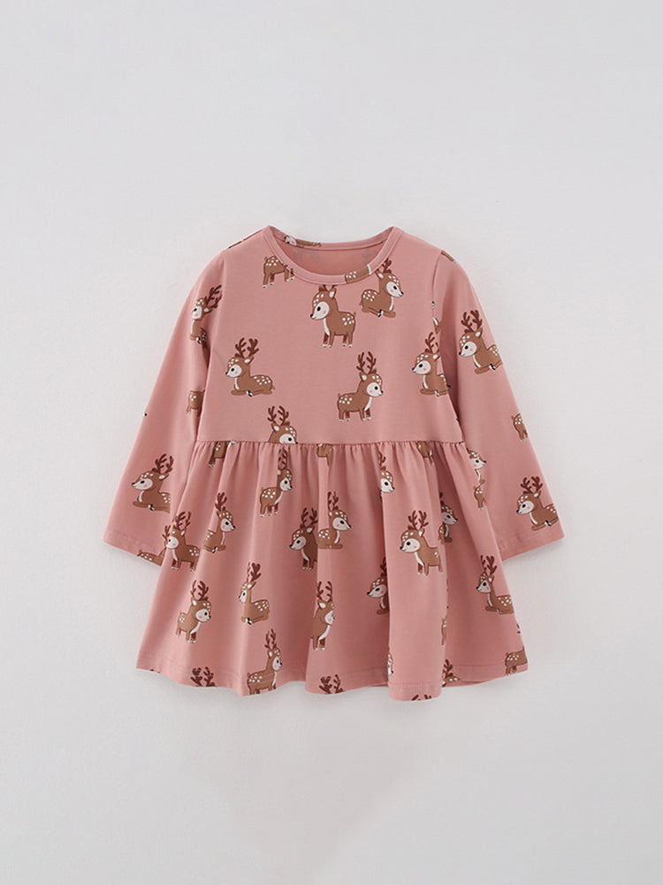 Sweet Deer Dusty Rose Reindeer Print Dress for Girls 2-9 Years