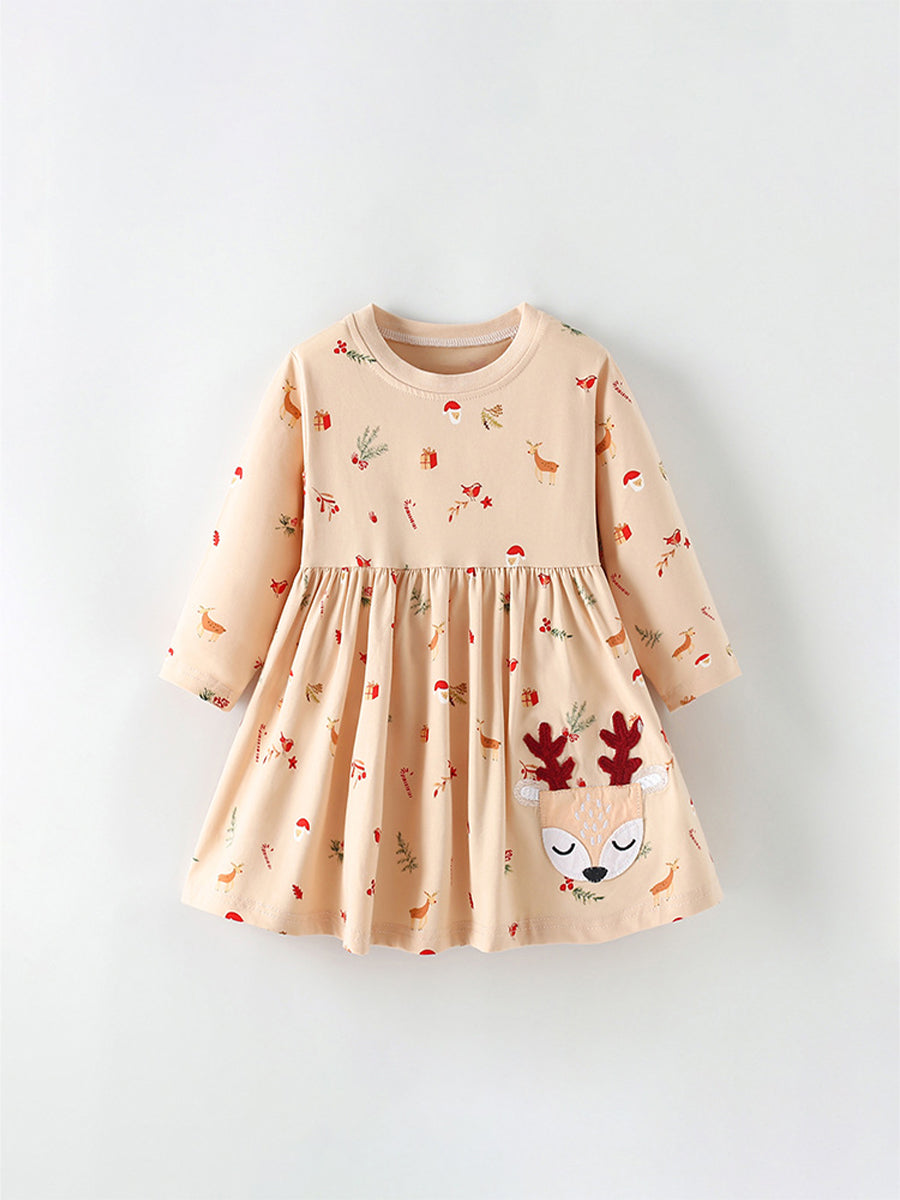 Festive Fawn Cream Reindeer Pocket Dress for Girls 2-9 Years