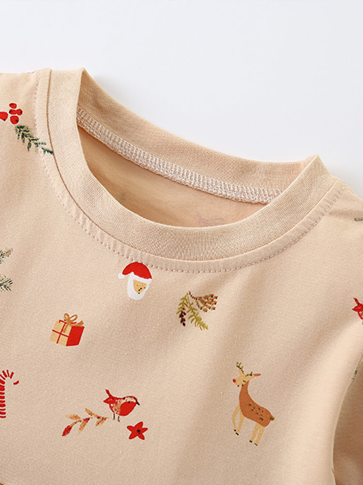 Festive Fawn Cream Reindeer Pocket Dress for Girls 2-9 Years