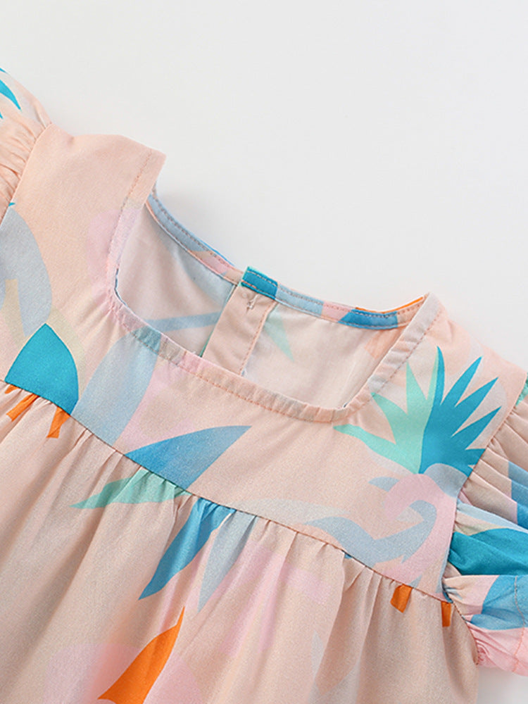 Pastel Paradise Tropical Print Flutter Dress for Girls 2-9 Years