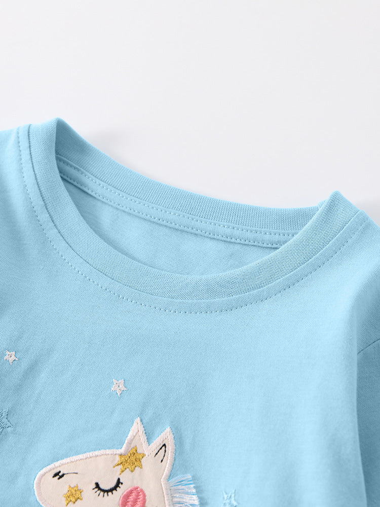 Starry Unicorn Blue Appliqué Pajama Set for Girls 2-9 Years