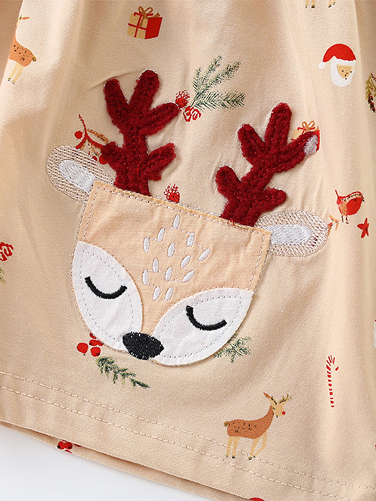 Festive Fawn Cream Reindeer Pocket Dress for Girls 2-9 Years