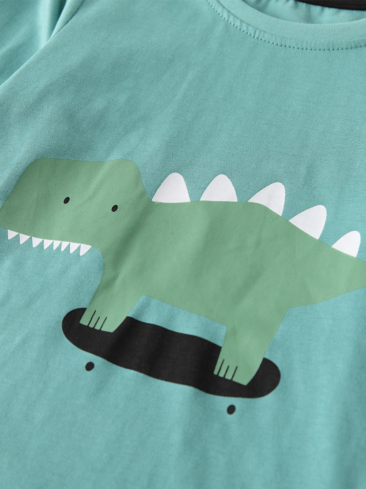 Skater Dino Teal Graphic Tee & Checkerboard Pants Set for Boys 2-9 Years