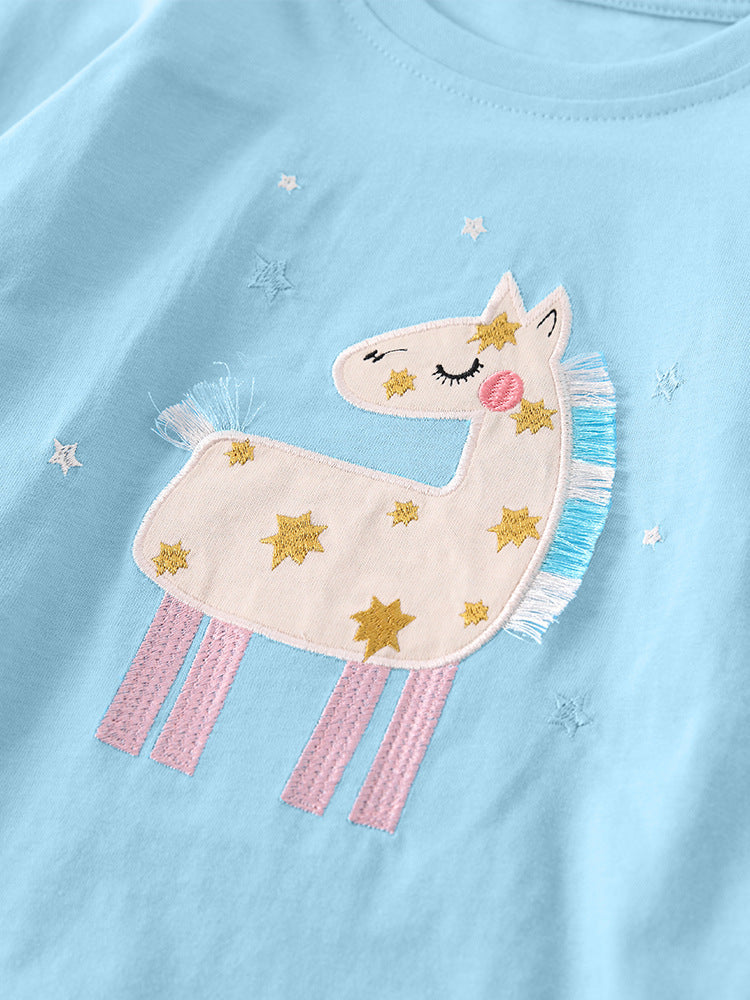Starry Unicorn Blue Appliqué Pajama Set for Girls 2-9 Years