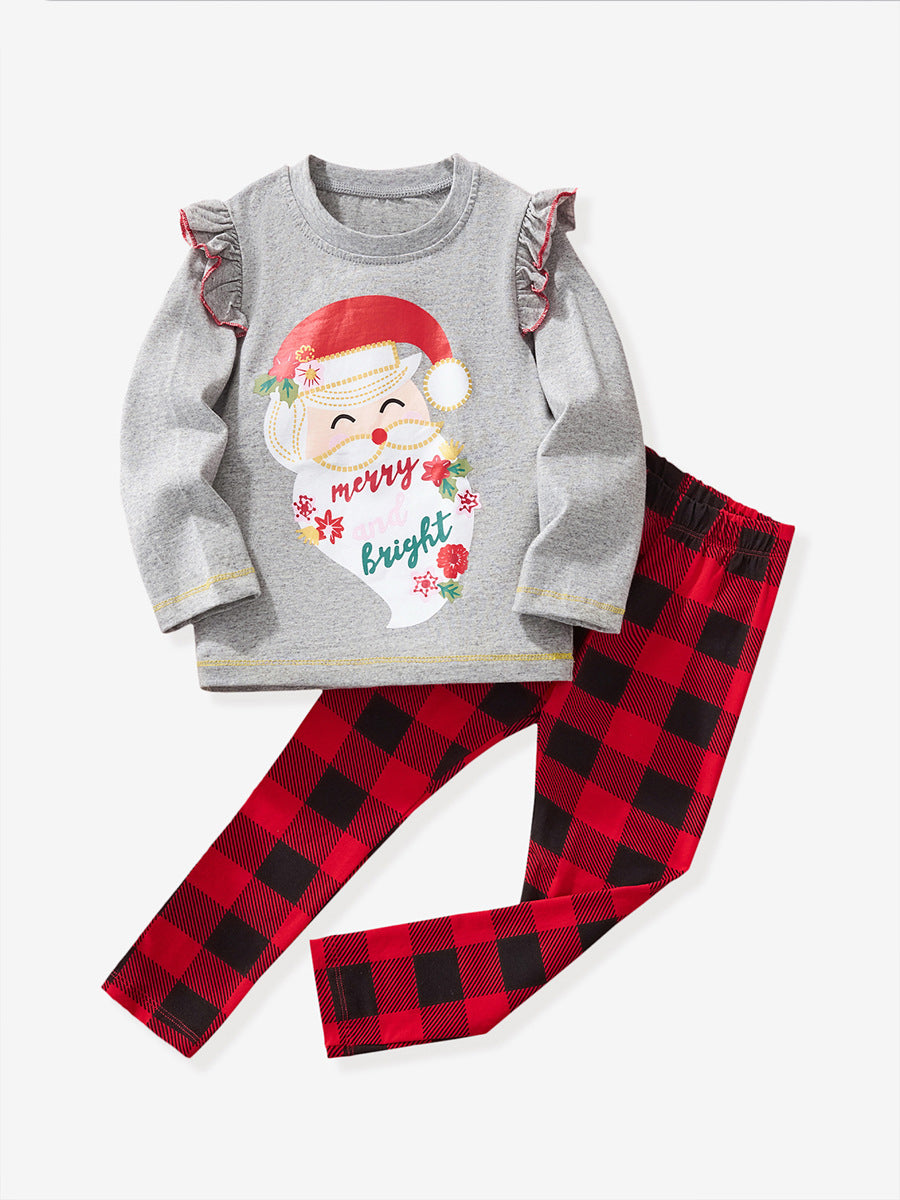Merry & Bright Santa Grey Ruffle & Plaid Pajama Set for Girls 2-9 Years