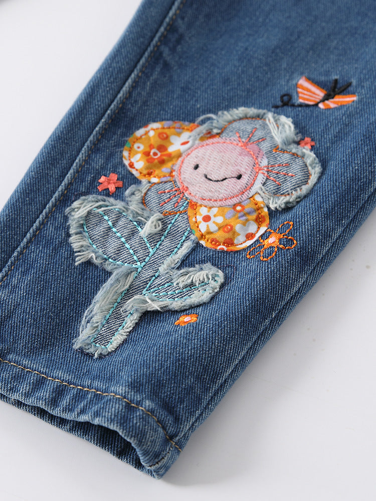 Flower Patch Appliqué Jeans for Girls 2-9 Years