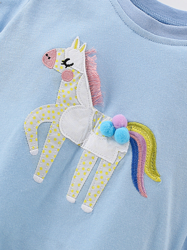 Magical Pony Sky Blue Appliqué Tee for Girls 2-9 Years