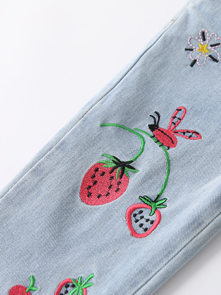 Berry Patch Embroidered Light Wash Jeans for Girls 2-9 Years
