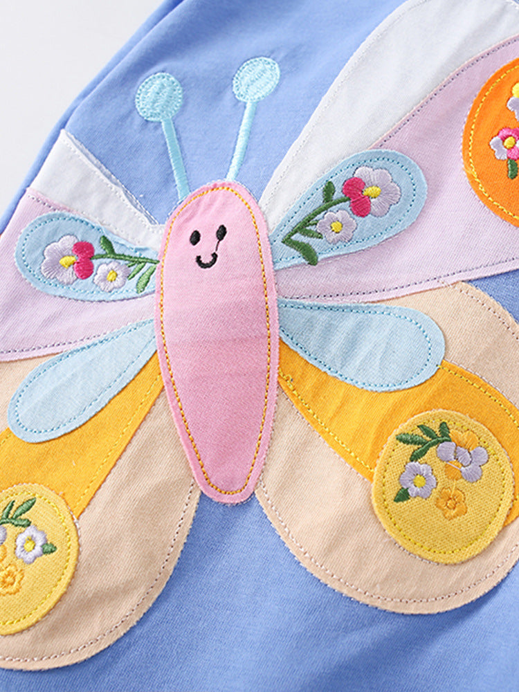 Patchwork Petals Blue Butterfly Appliqué Tee for Girls 2-9 Years