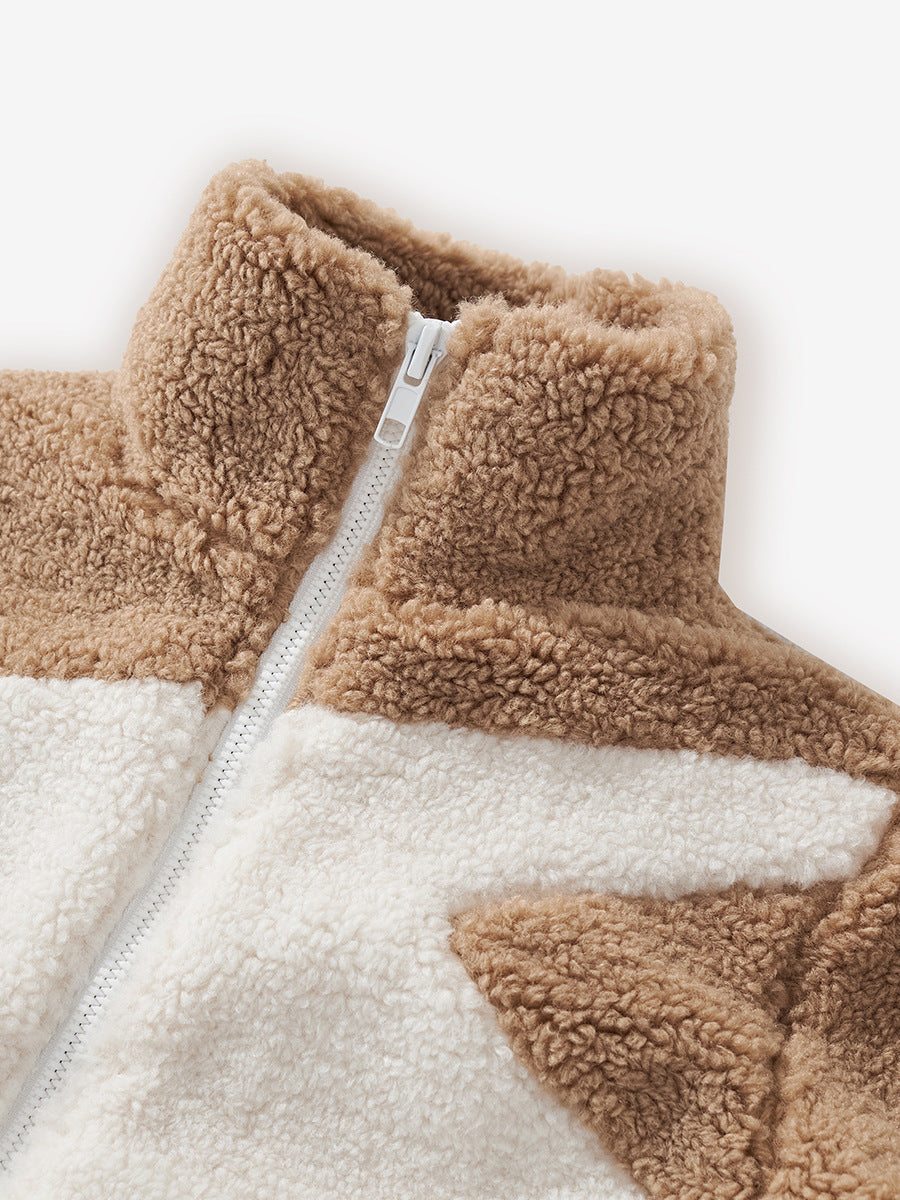 Cozy Color Block Tan Sherpa Fleece Jacket for Girls & Boys 2-9 Years