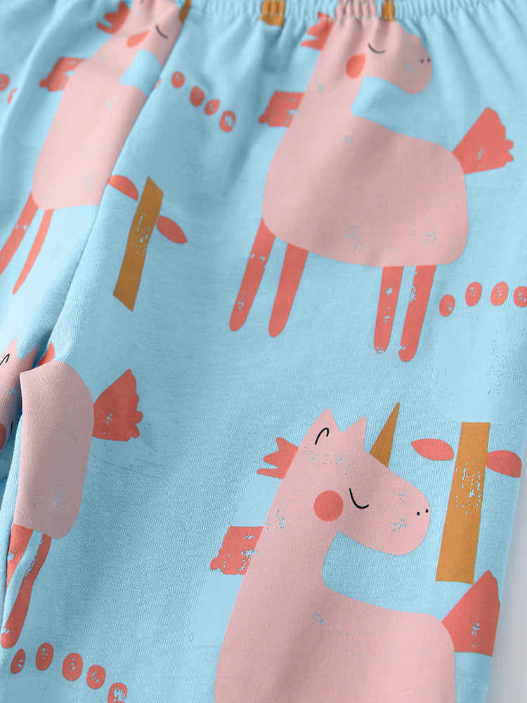 Starry Unicorn Blue Appliqué Pajama Set for Girls 2-9 Years