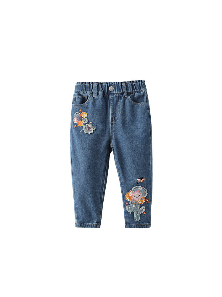 Flower Patch Appliqué Jeans for Girls 2-9 Years