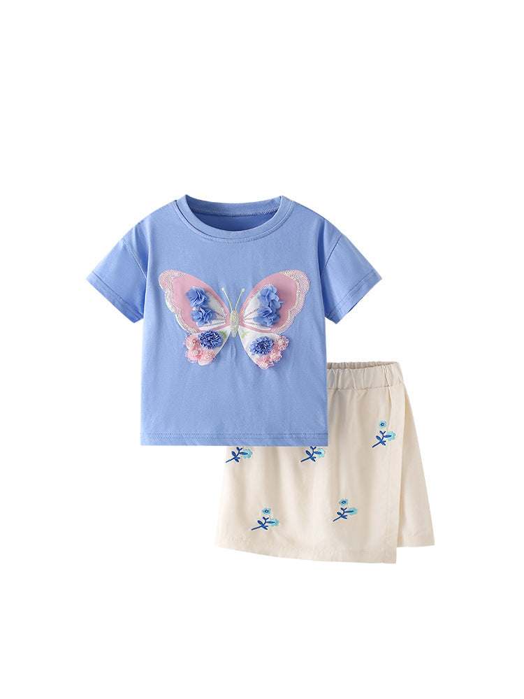Fluttering Flowers Blue 3D Butterfly Skirt Set for Girls 2-9 Years
