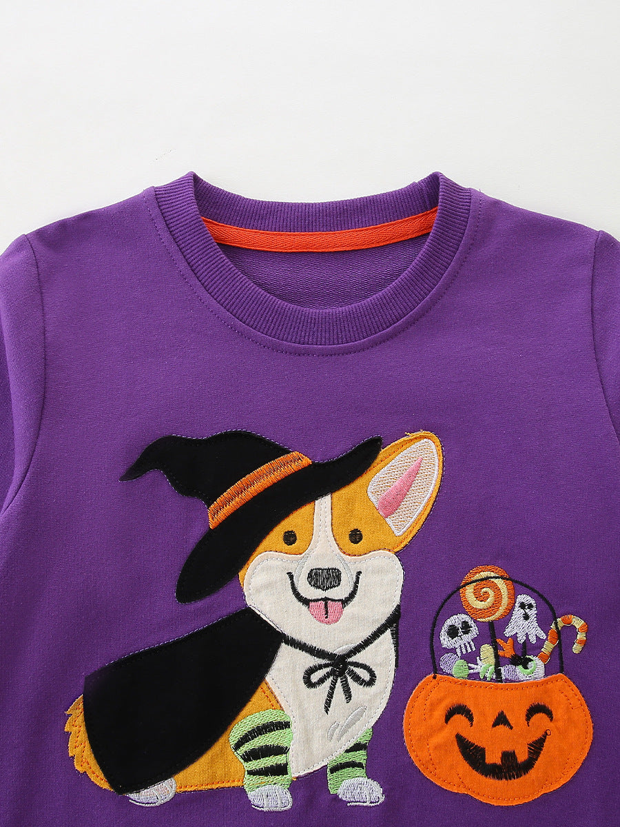 Spooky Corgi Purple Halloween Sweatshirt for Girls & Boys 2-9 Years