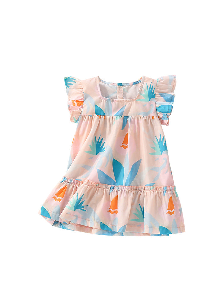 Pastel Paradise Tropical Print Flutter Dress for Girls 2-9 Years