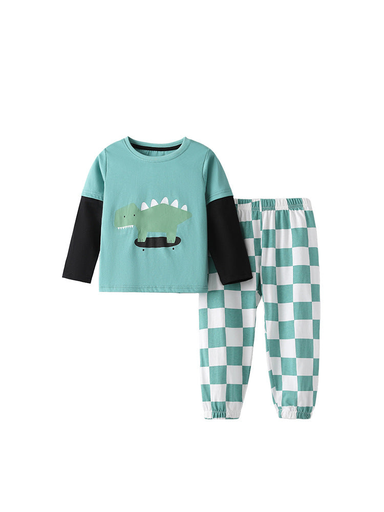 Skater Dino Teal Graphic Tee & Checkerboard Pants Set for Boys 2-9 Years
