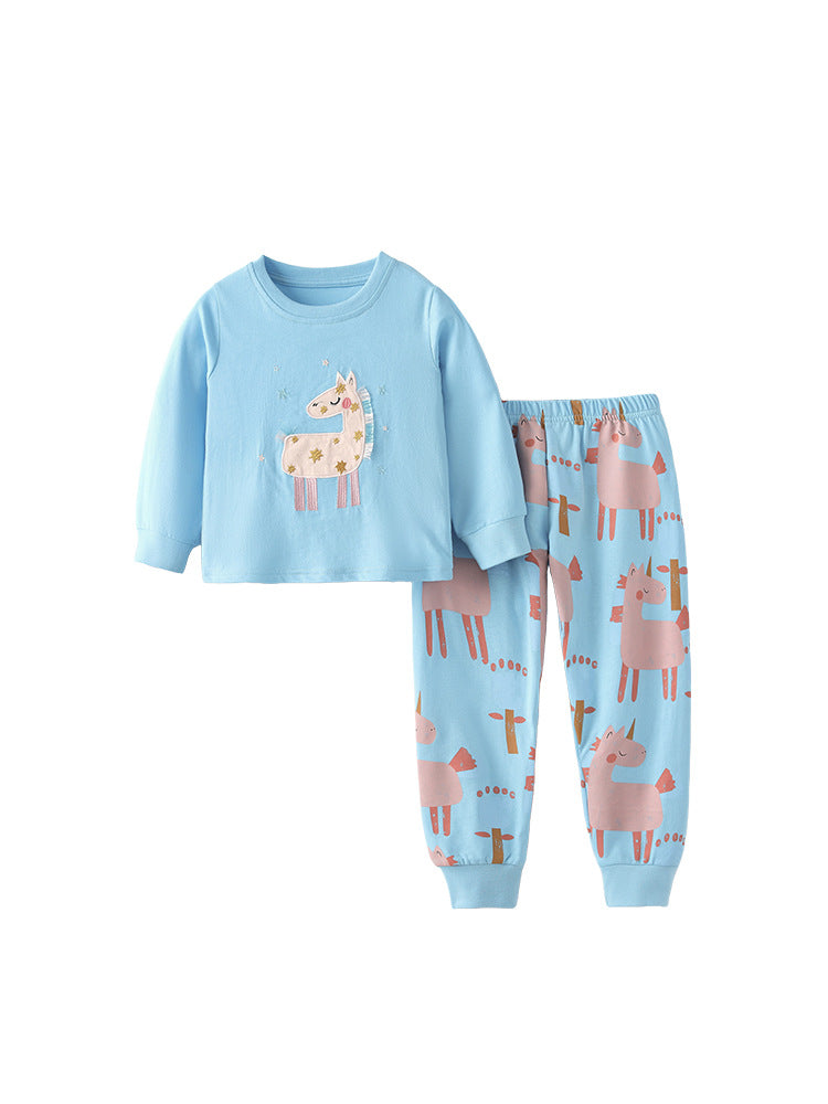 Starry Unicorn Blue Appliqué Pajama Set for Girls 2-9 Years