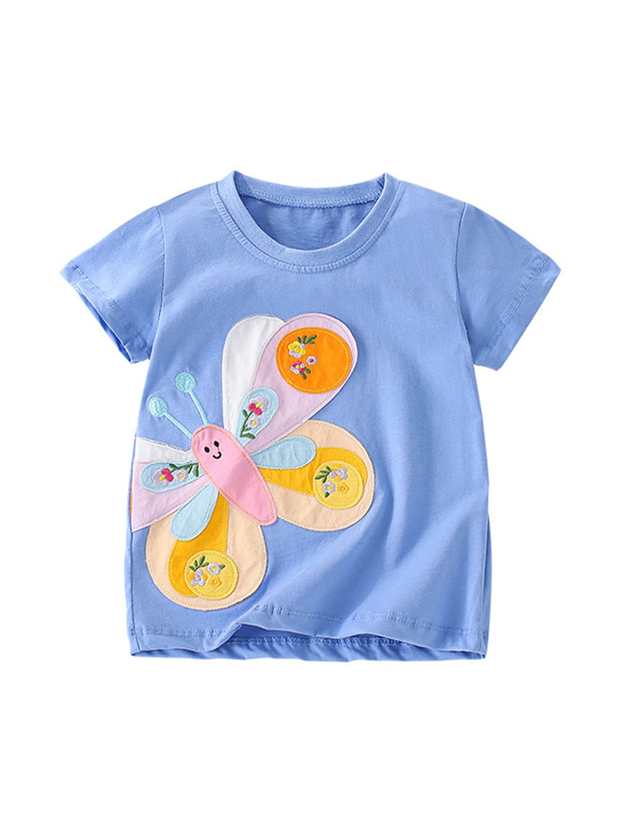 Patchwork Petals Blue Butterfly Appliqué Tee for Girls 2-9 Years