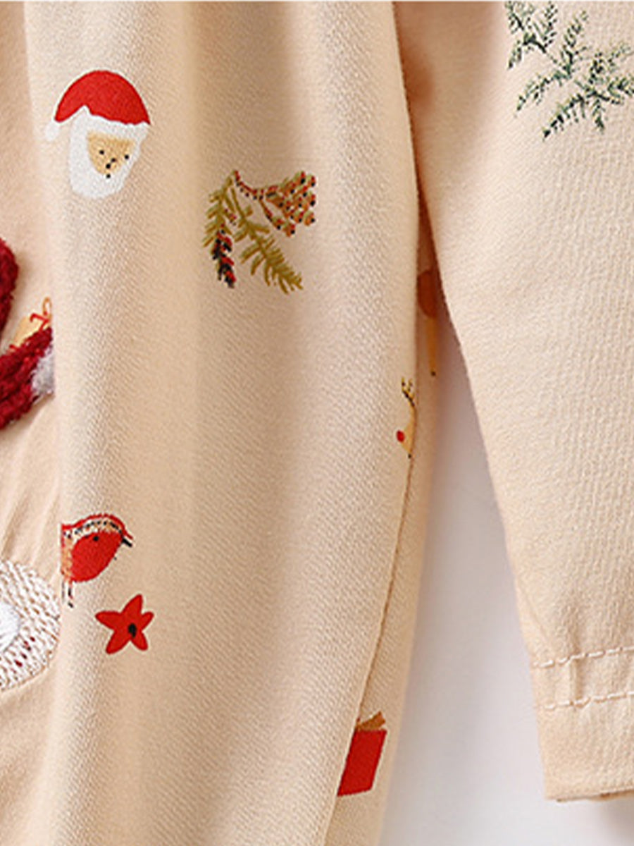 Festive Fawn Cream Reindeer Pocket Dress for Girls 2-9 Years