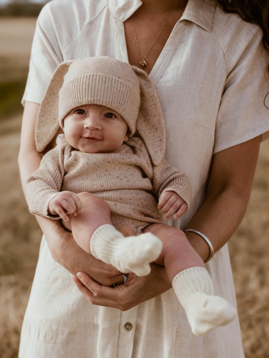 Snuggle Bunny Oatmeal Flecked Ribbed Romper & Hat Set for Babies 0-24 Months