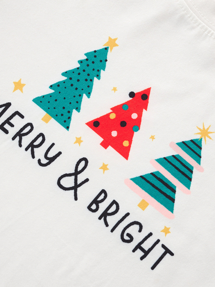 Merry & Bright White Christmas Tree Pajama Set for Girls & Boys 2-9 Years