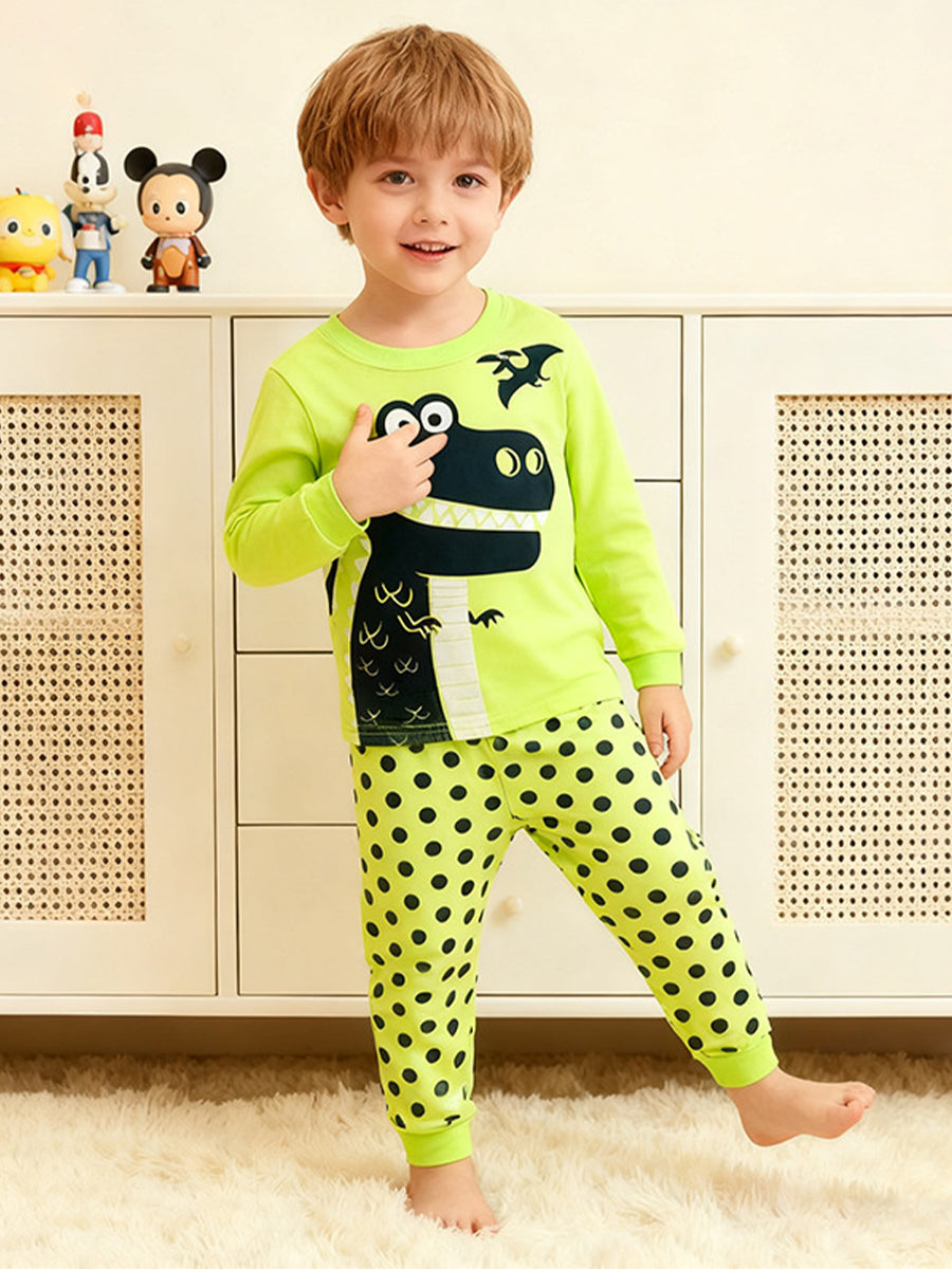 Goofy Dino Lime Green & Polka Dot Pajama Set for Girls & Boys 2-9 Years