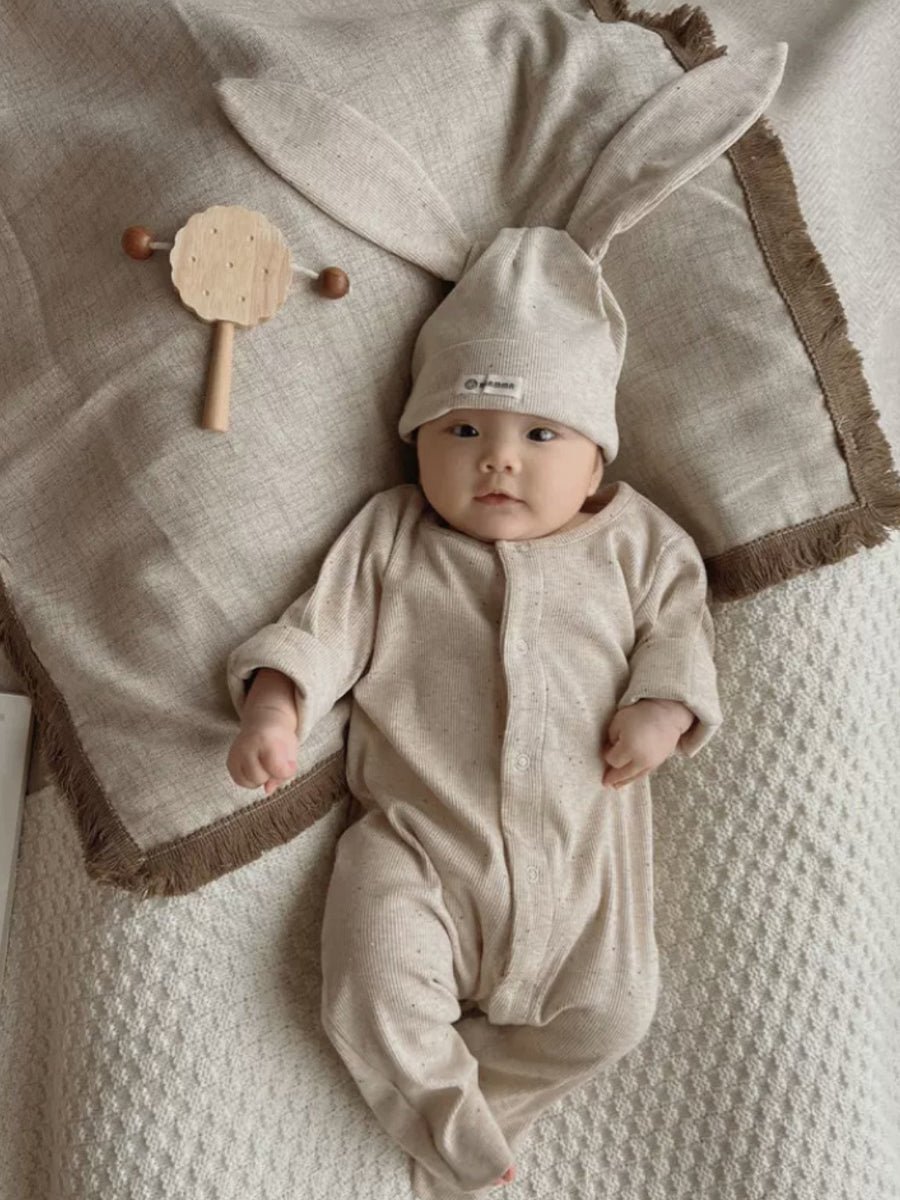 Snuggle Bunny Oatmeal Flecked Ribbed Romper & Hat Set for Babies 0-24 Months
