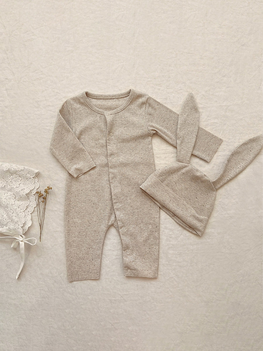Snuggle Bunny Oatmeal Flecked Ribbed Romper & Hat Set for Babies 0-24 Months