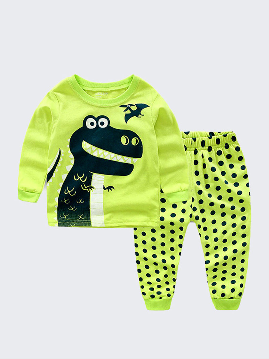 Goofy Dino Lime Green & Polka Dot Pajama Set for Girls & Boys 2-9 Years